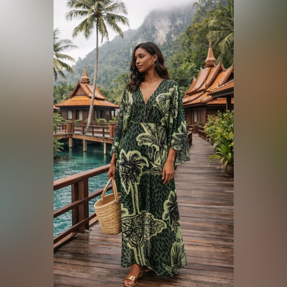 Johanna Ortiz Leaf Print Dress in Green and Black